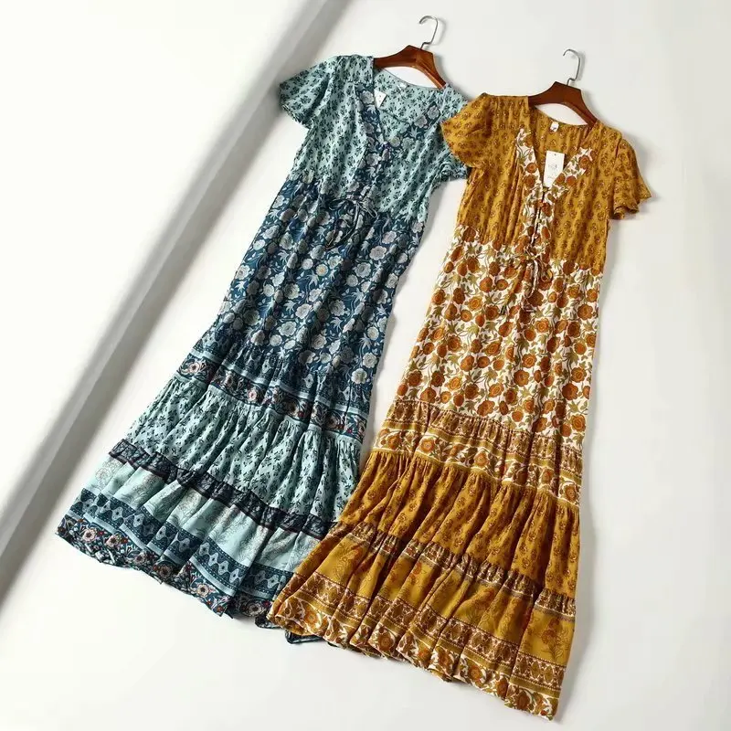 Женское винтажное платье с цветочным принтом желтое пляжное богемное Макси