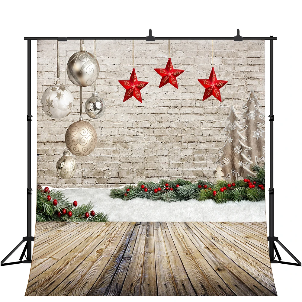 

Lyavshi с рождественскими мотивами для фотосъемки с изображением шаров с красными звёздами, Фоны кирпичная стена, дерево пол фон для фотосъемк...