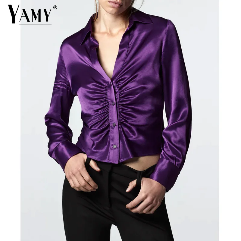 

Женская атласная блузка на пуговицах, с длинным рукавом