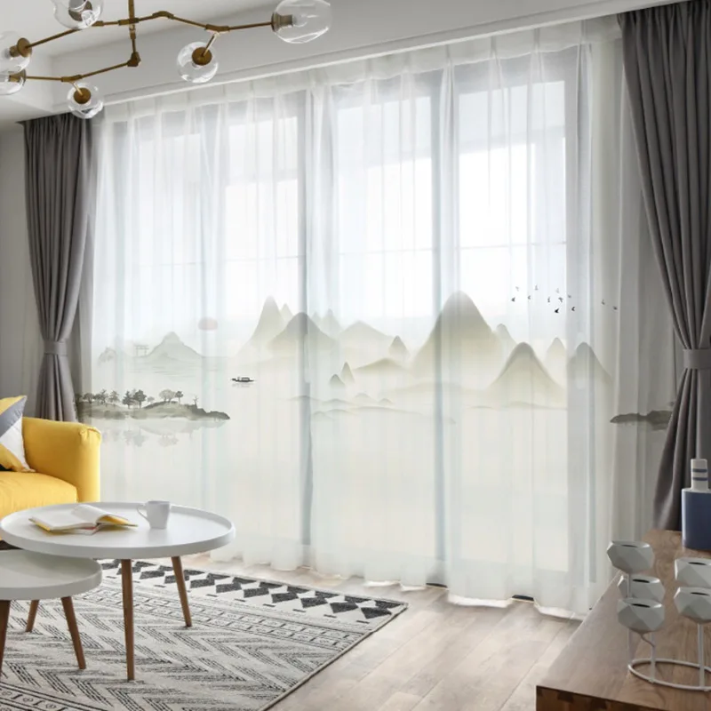 New Chinese Style 5D Digital Printed Desgin Window Screen Chiffon Fabric For Living Room Studyroom White Tulle AG 439#4 | Дом и сад