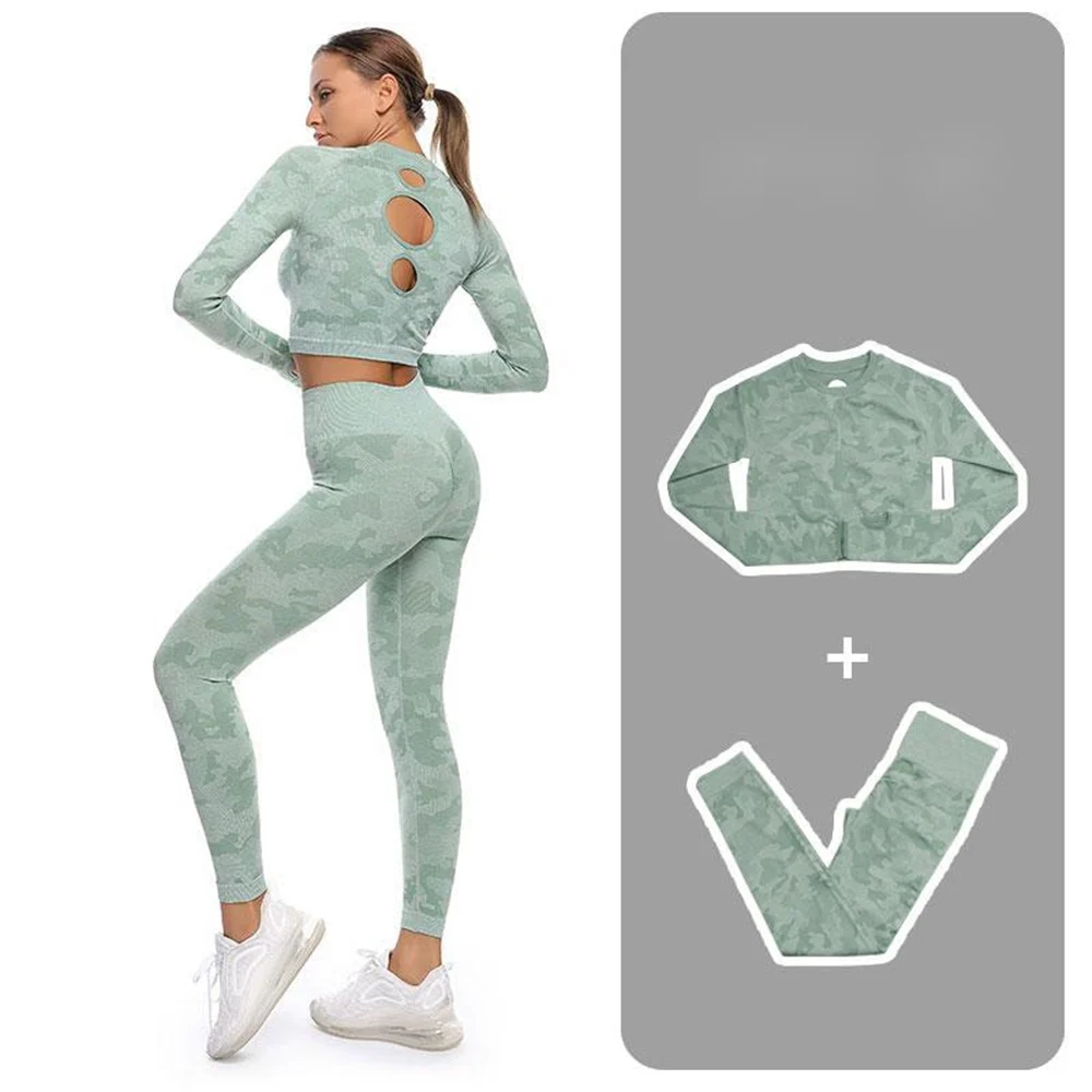 

Seamless Women Yoga Sets 2PCS Running Fitness Sportswear Bodybuilding Camouflage Color Sports Bra Pants Long Sleeve Suits In Gym