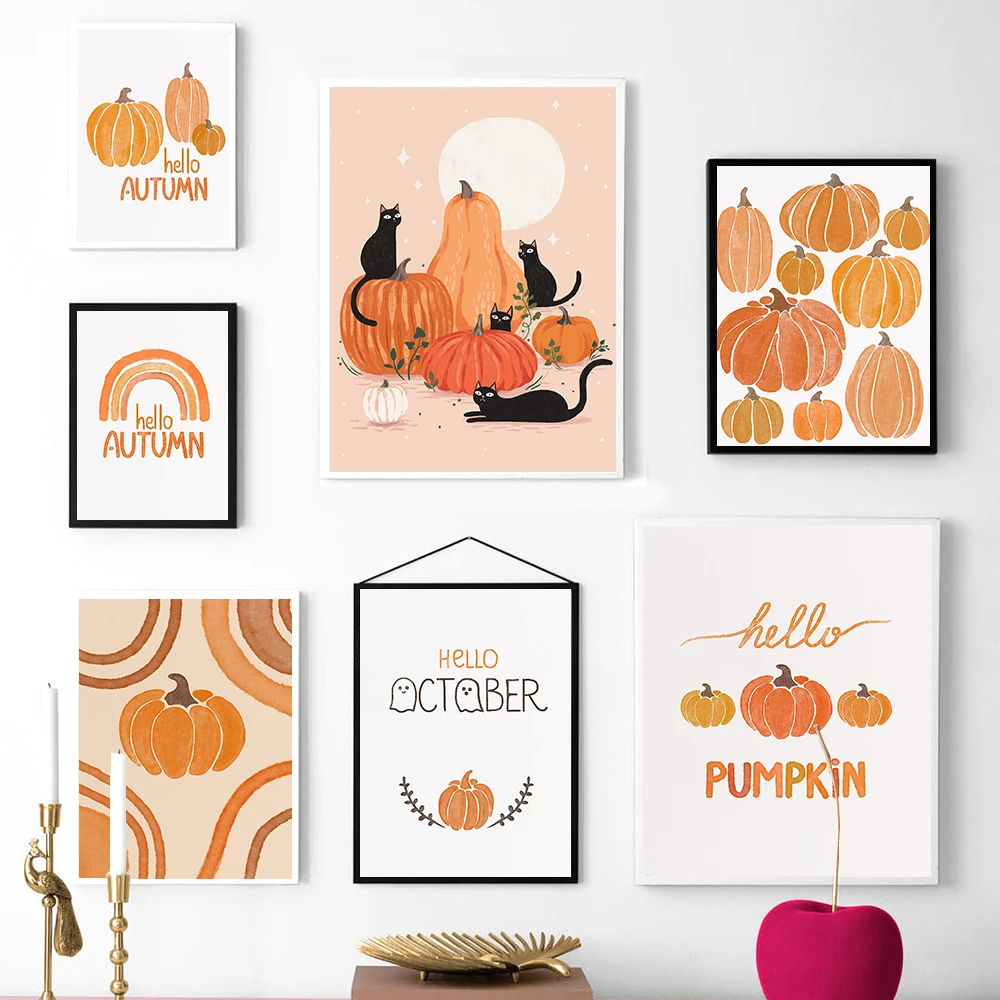 

Хэллоуин тыквы кошка Радуга Картина на холсте фермерские знаки плакаты и принты настенные картины для декора гостиной