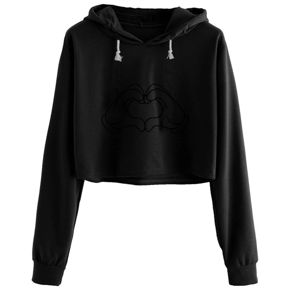 

Heart Shaped Hands Crop Hoodies Women Kpop Korean Y2k Kawaii Pullover For Girls