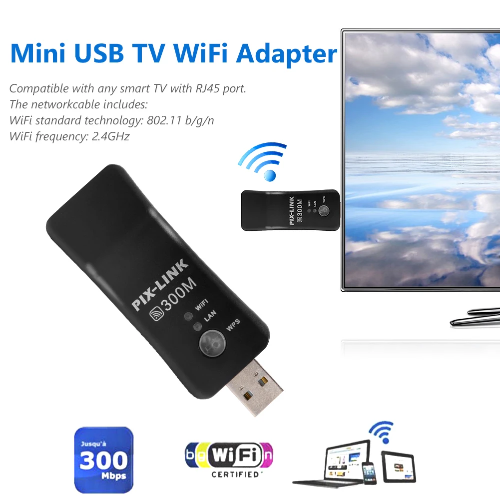 Универсальный Mini USB TV WiFi Dongle адаптер 2 4 ГГц 300 Мбит / с беспроводной приемник RJ45 WPS