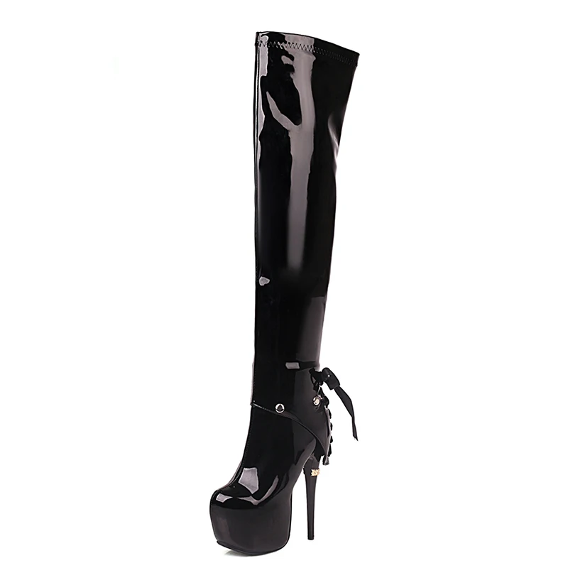 

Lucyever Women High Platform Patent Leather Long Boots Sexy 16cm Super High Heels Over The Knee Boots Woman Autumn Winter Botas