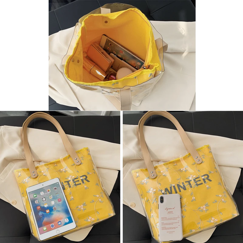 Большая летняя Холщовая Сумка тоут для женщин вместительная прозрачная сумка на