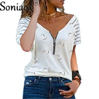 women white t shirts short sleeve heart print fashion tee zippers v neck casual tops female summer loose t shirt