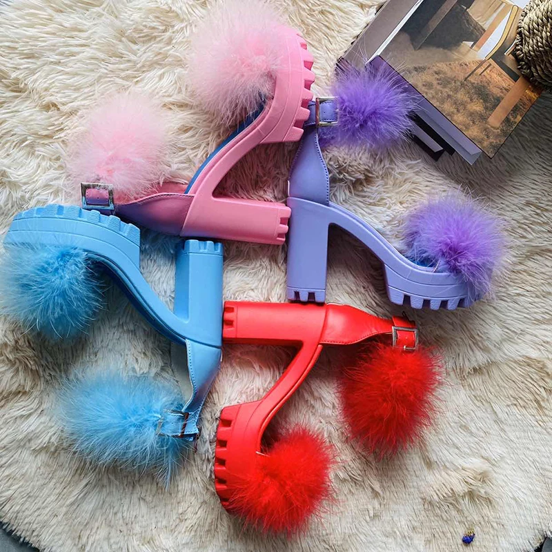 

Summer 2020 Women Furry Pumps High Heels With Fur Platform Sandals Ankle Strap Open Rubber Women's Shoes Sexy Ladies Party Shoes