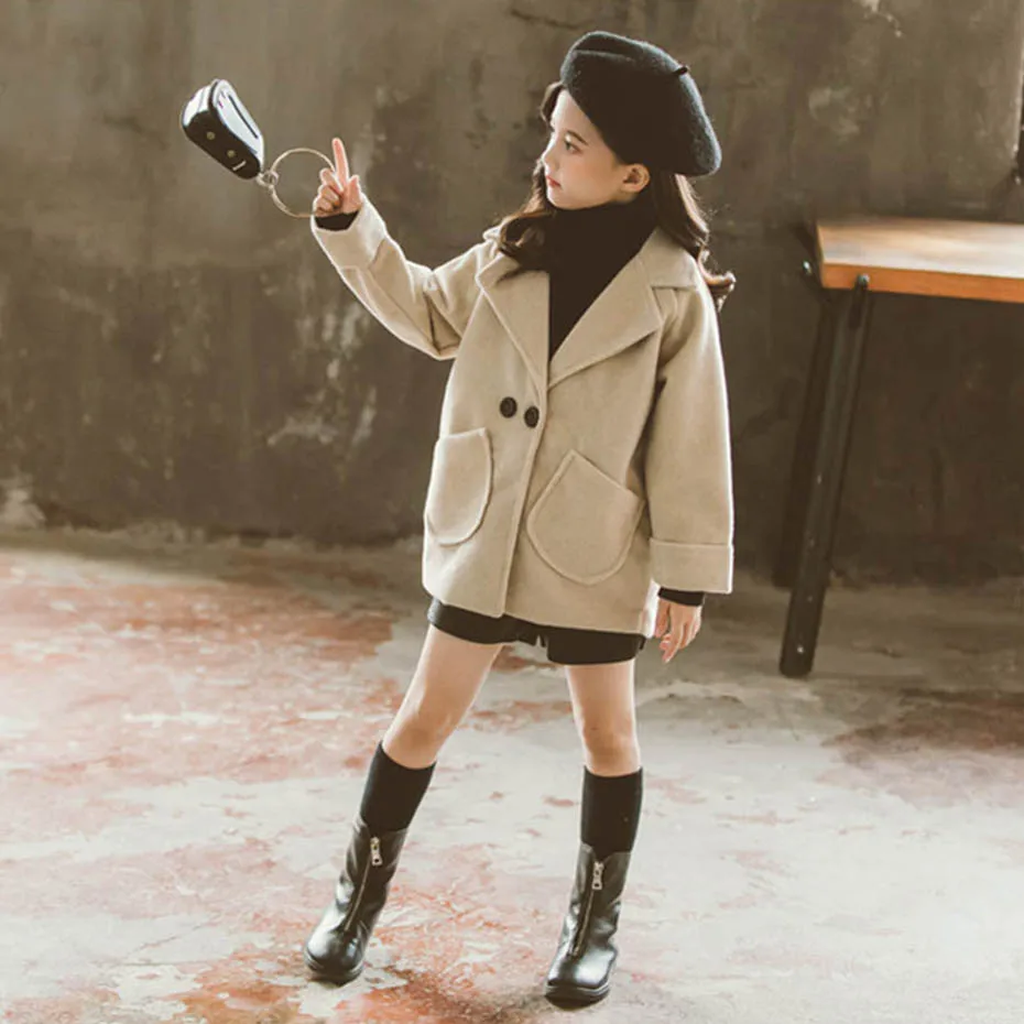 Winter Jacket Girl Solid Slim Outerwear Plus Thick Wool Coat For Girls Autumn Korean Kids Clothes 6 8 10 12 14 | Детская одежда и