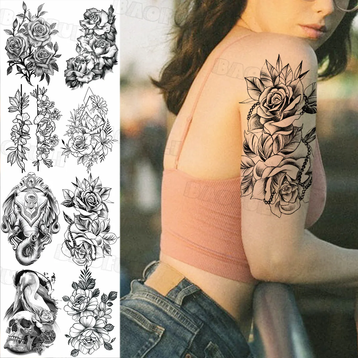 

Временные татуировки для женщин и женщин, Эротичные большие геометрические наклейки с рисунком черепа, Далия, пион, цветущие искусственные ...