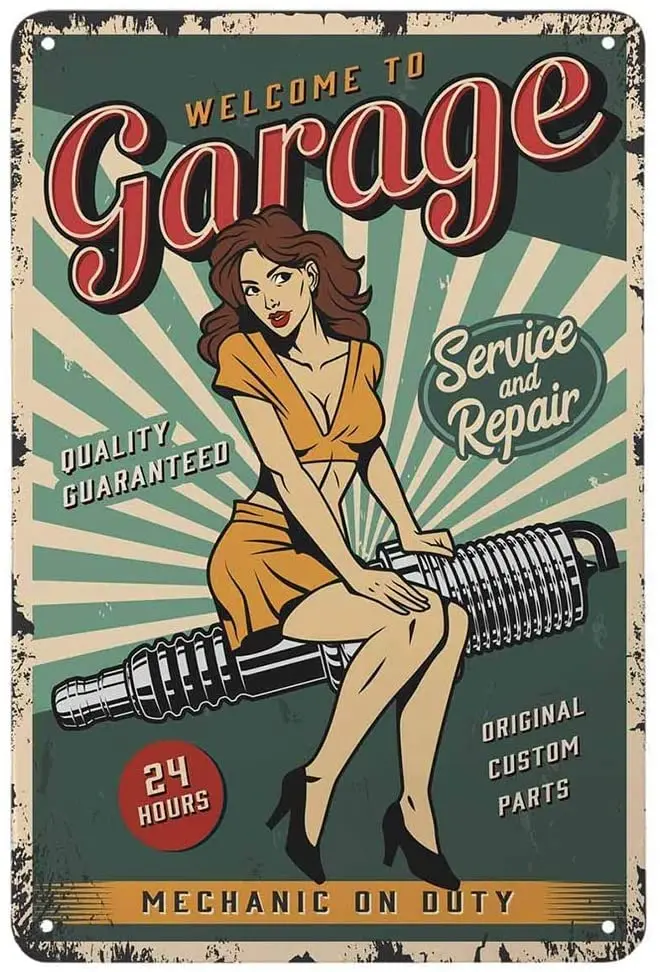 

AIDANDAN Welcome to Garagepin Up Girl Sitg On Engine Spark Plug Old Design Tin Signs Vintage Metal Tin Signs for Wall Art Decor