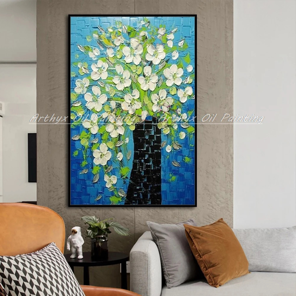 Arthyx Handpainted Palette Knife White Orchid Flower Oil Painting On Canvas Modern Abstract Wall Art Picture For Room Home Decor | Дом и сад