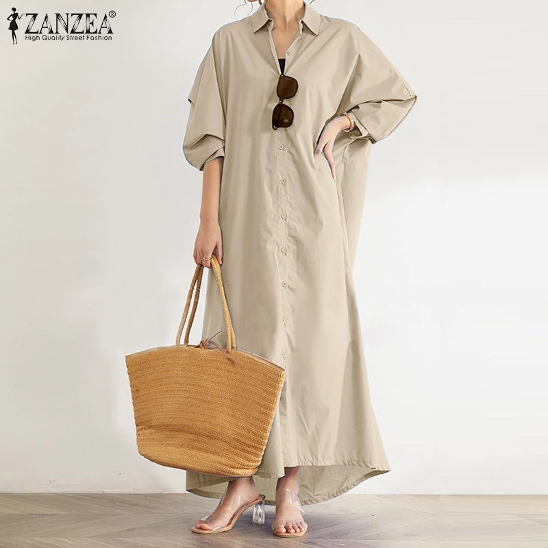 

Autumn Long Sleeve Solid Sundress ZANZEA Fashion Women Long Shirt Dress Elegant Lapel Neck Buttons Solid Casual Vestidos Kaftan