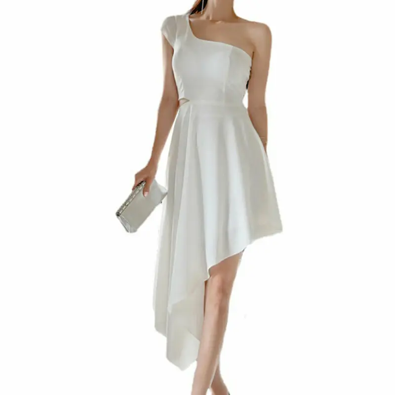 

Ladies Irregular Pleated Long skirt One-shoulder Dress Strapless Evening Party