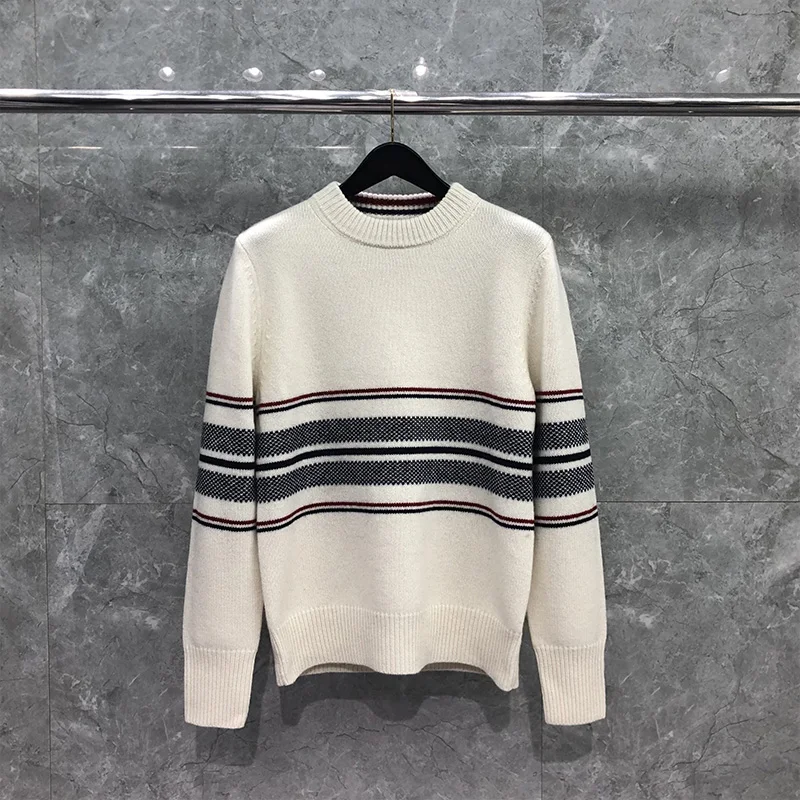 TB THOM Men's Sweaters Harajuku Knitted Pullover Korean Version Of O-neck Hem Striped Top Luxury Brand Coat White TB Sweater