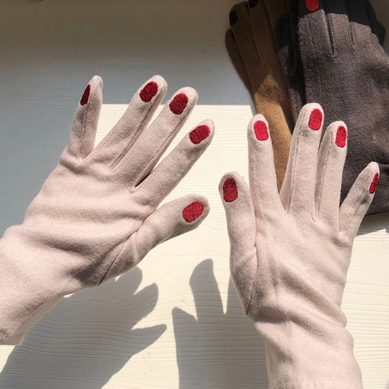 

Japanese Women Funny Nail Pattern Embroidery Gloves Winter Warm Thicken Faux Wool Cycling Driving Solid Color Mittens