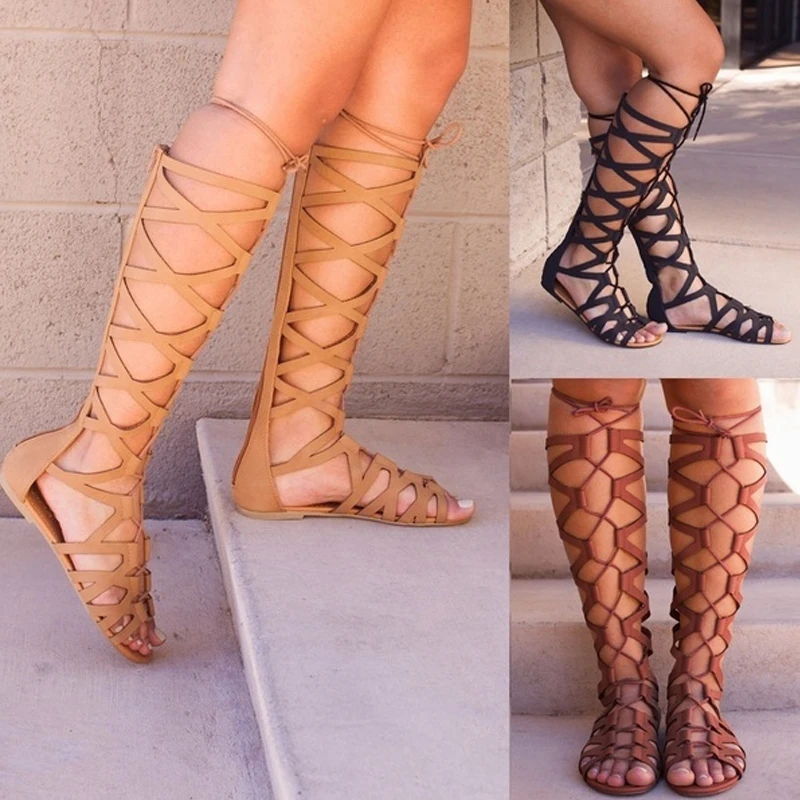 

2021 Roman Gladiator Bandage Sandals Women Knee High flat sandalias botas femininas Women Shoes Girls Summer hollow Ankle Boot