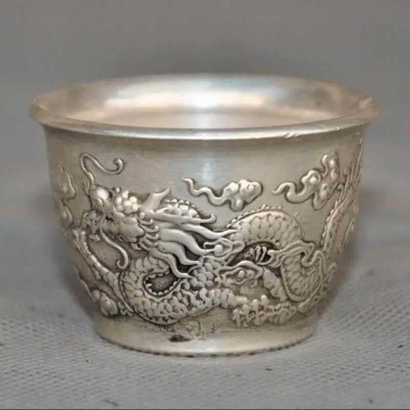 

collect China Tibetan silver Dragons DragonLoong statue Tea Bowl Wineglass cup