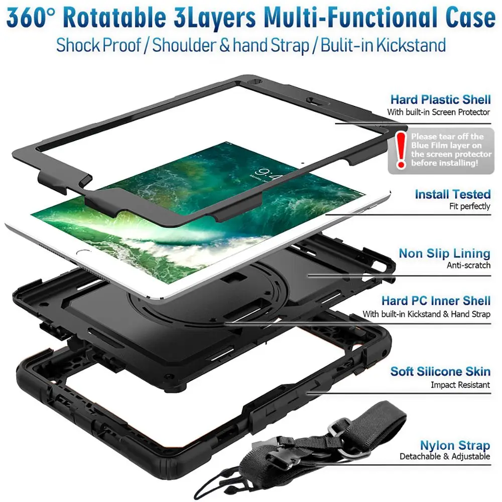 360 rotation hand strap coque ipad air 2 protective cover with screen protector for funda ipad 2017 2018 case free global shipping