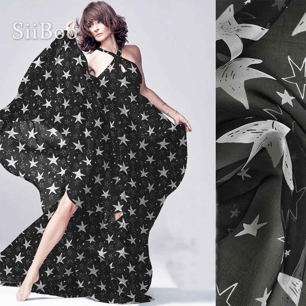 Black white star print 100% natural silk chiffon fabric for beach dress pure tissu telas tecidos stoffen fabrc 6mm SP5192 | Дом и сад