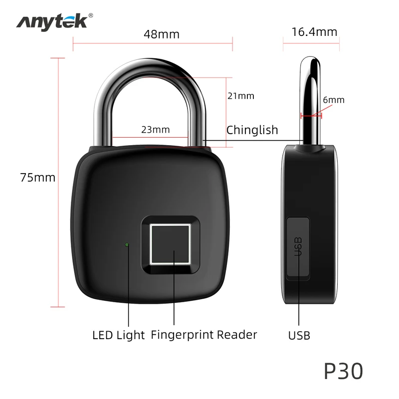 Дверной замок Anytek с USB зарядкой и блокировкой по отпечатку пальца|Электрический