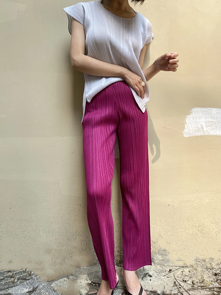 

Женские плиссированные брюки Miyake, Повседневные Классические прямые брюки до щиколотки с завышенной талией в Корейском стиле на лето и осен...