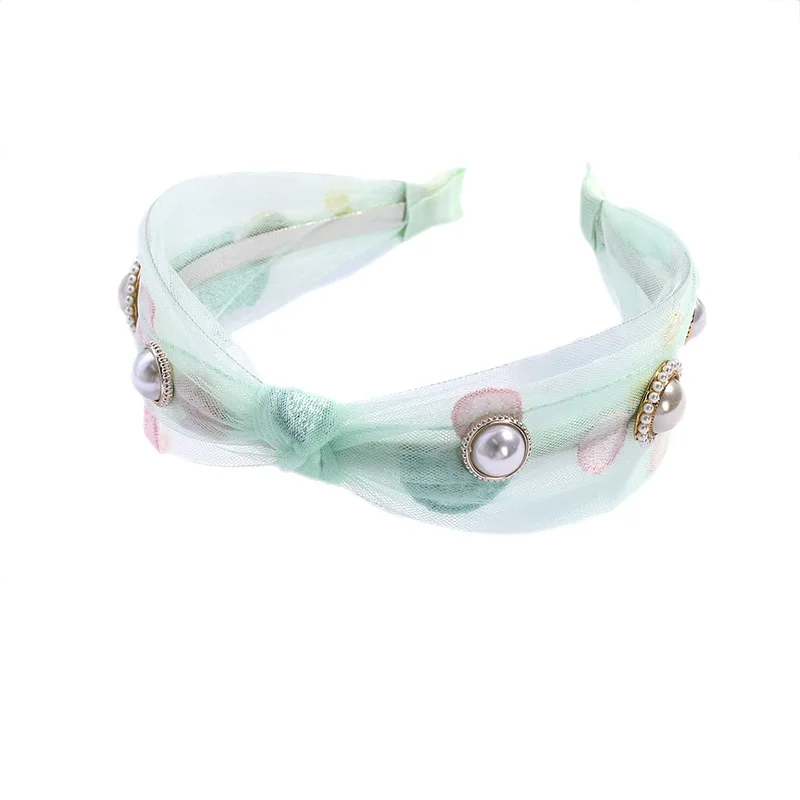 

CN Mesh Lace Fabric Women Headband Dot Top Cross Knot Hair Accessories Luxurious Rhinestone Hairband Pearls Band Sweet Girls