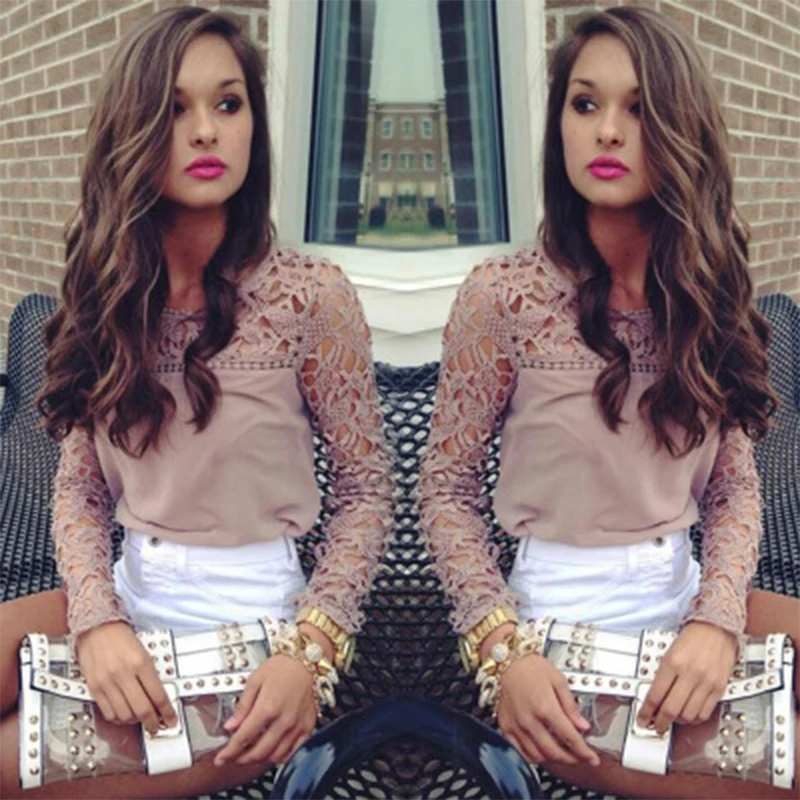 Новинка 2019 осенняя модная Кружевная блуза для женщин одноцветная с длинным