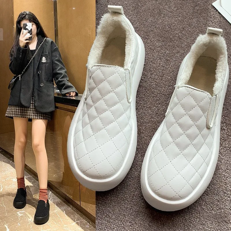 

Туфли женские на плоской подошве, без застежки, повседневные теплые модные лоферы, на платформе, с круглым носком, зимняя обувь, 2021