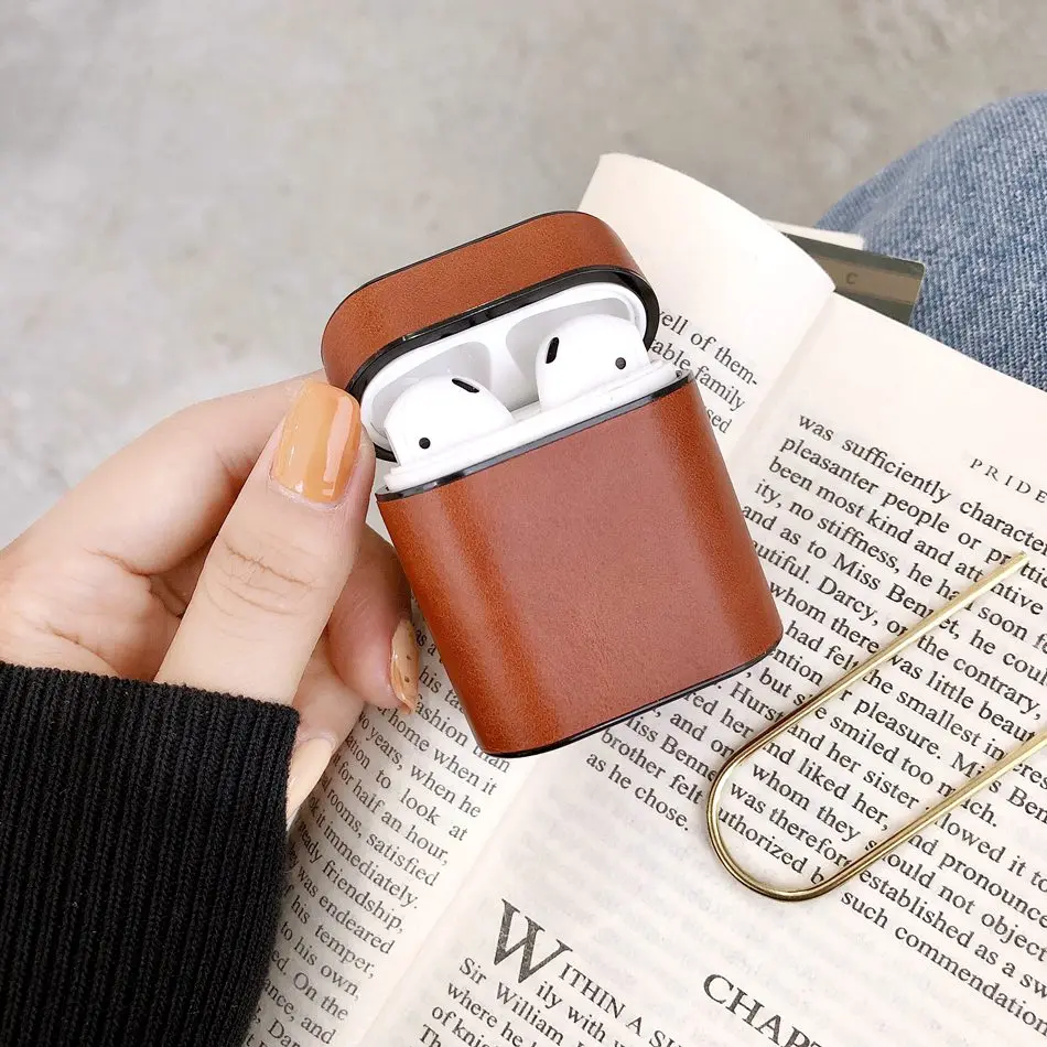 Axbety для AirPods 2 Чехол кожаный чехол для наушников Чехол коробка для Apple Airpods 1 2 Чехол Мягкая микрофибра жесткий чехол - Цвет: Brown NO strap