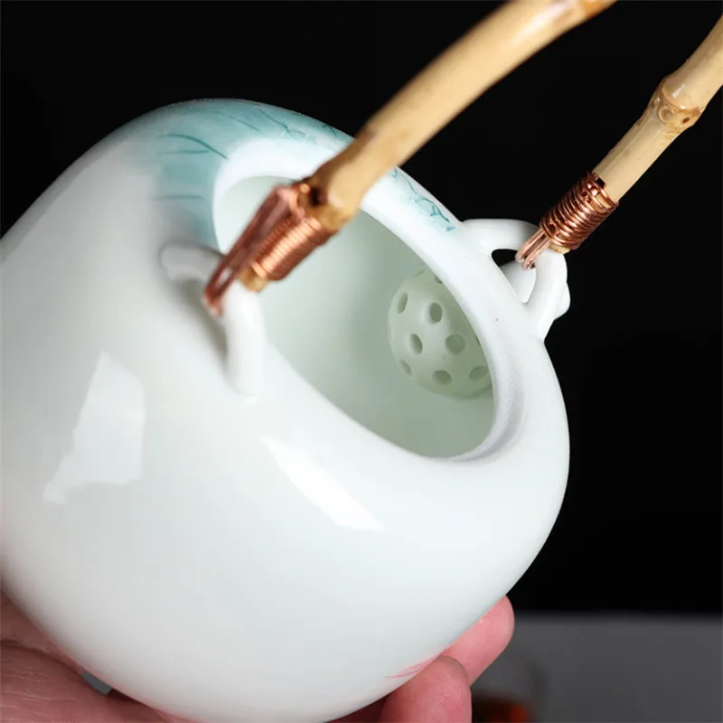 Керамический цветной чайник с ручкой ручная роспись лотос подглазурь подставка