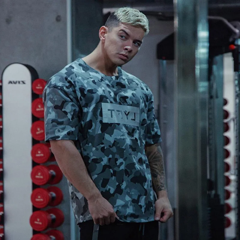 

2021 New Sports Men's Summer Round Neck Running Short-sleeved T-shirt Camouflage Muscle Fitness Men's Gym Clothing Sports Wear