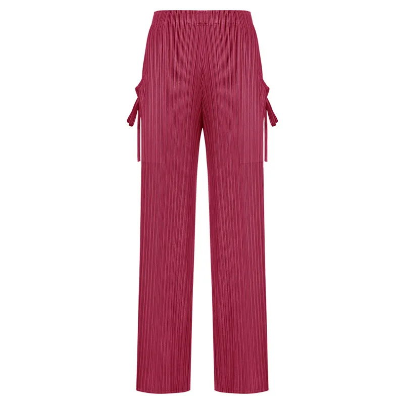 

TVVOVVIN Spring 2021 New Korean Casual Pleated Pants Women's High Waist Loose Straight Pocket Lace-up Solid Color Trousers TIF2