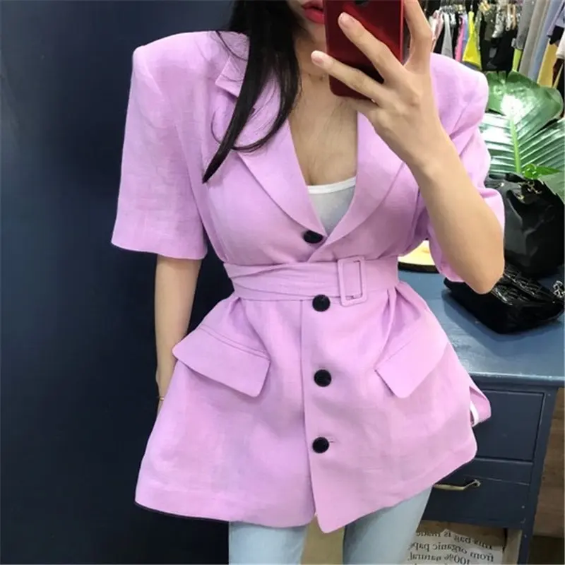 

Chic Office Lady 2021 Gentle Casual Short Sleeves Solid Woolen Leisure Women Loose All Match Brief Sashes Belt Blazers