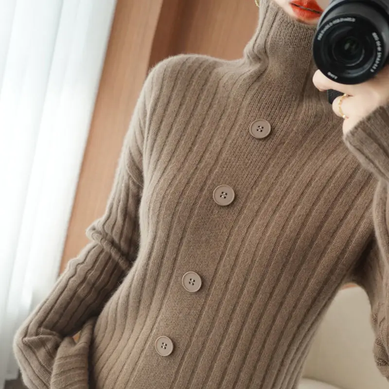 

2021 Women Winter Fashion Solid Color Sweater Tops Female Loose Buttons Knitted Pullover Tops Ladies Turtleneck Jumpers P334