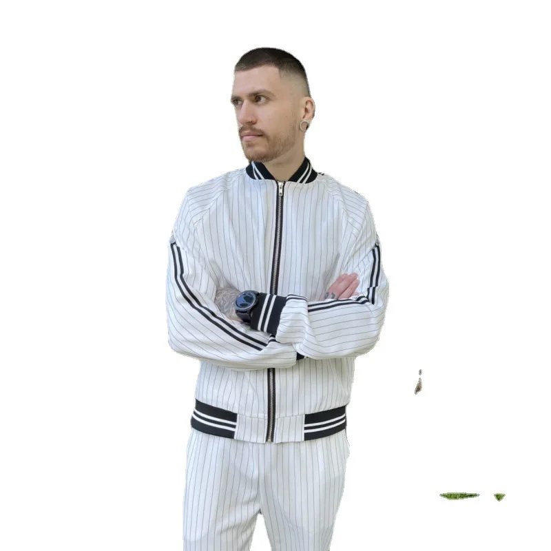 

Fashion Men Outfit Set Autumn Striped Gentlemen's Sports Leisure Suit Zipper Jacket Lace-up Trousers Two-piece Suit Men Set