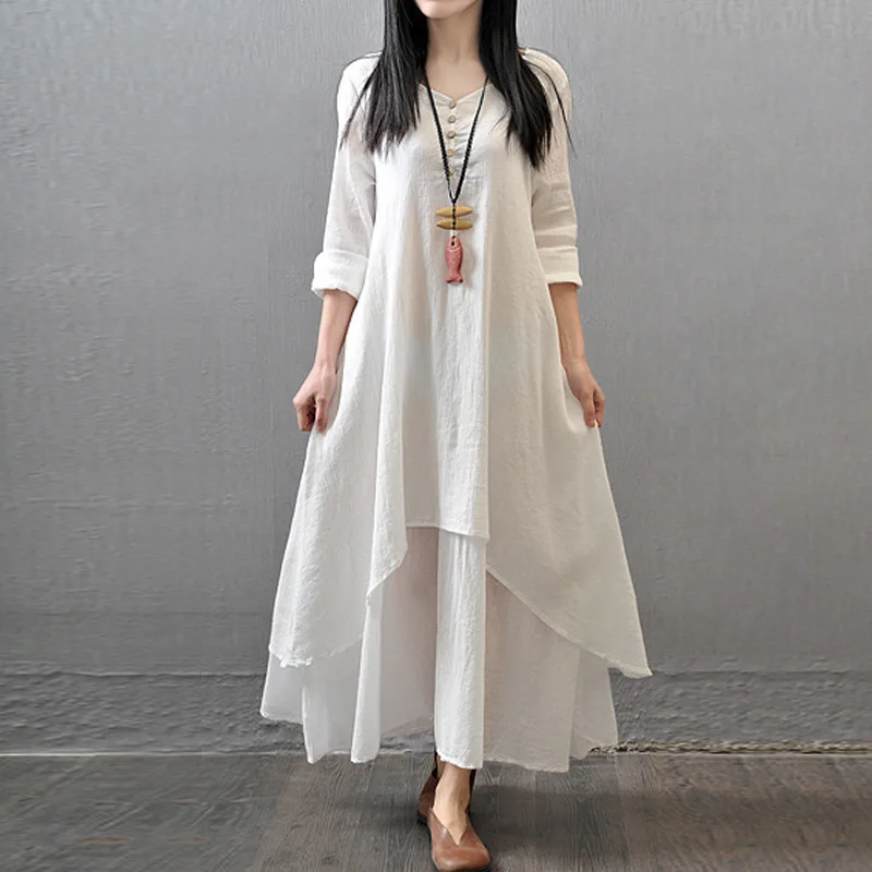 

cotton flax girl dresses 2019 spring summer plus size maxi robe sexy oversized long casual bohemian beach fake two pieces dress