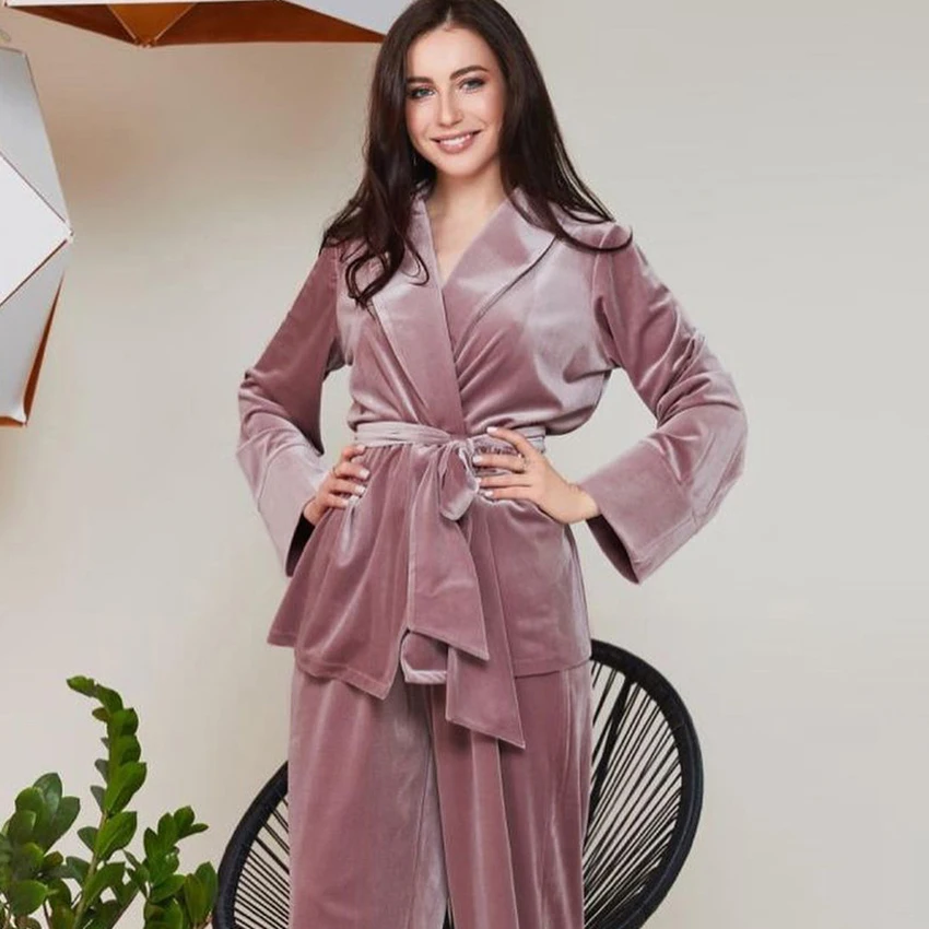 

Restve Knit Velvet Women Robes With Sashes Solid 2 Piece Set Long Sleeve Home Robe Loose Pants Female Nightwear Autumn Casual