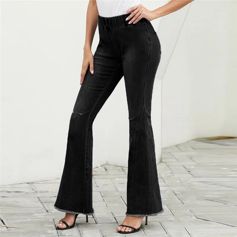 Черные винтажные однотонные контрастные расклешенные брюки с эластичной