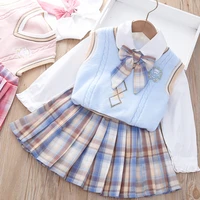 girls jk college style suit autumn winter new sweater vest doll collar shirt 3 pieces pleated skirt boutique kids clothing set