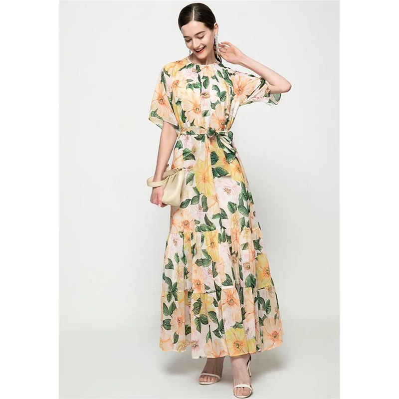 

Women Long Dress High Quality Runway Spring Summer O-neck Short Sleeves Floral Print Casual Maxi Dresses Beach Vestidos Holiday