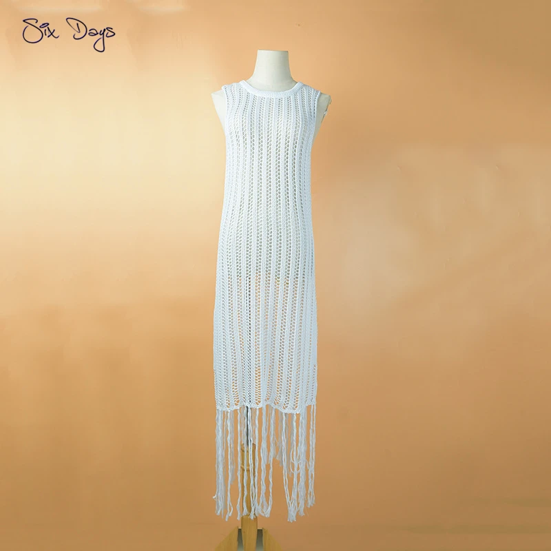 Sexy Women's Swimwear 2021 Summer Dress Beach Cover Up Bikini Hollow Out Long Tassels Crochet White Robe Girl Beachwear Tunic