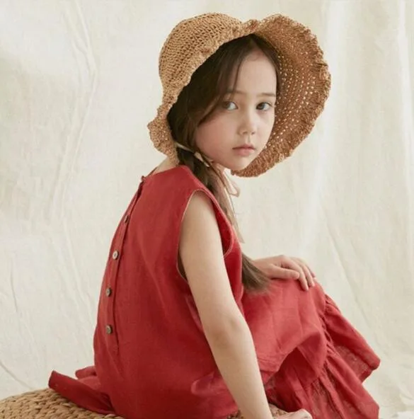 

Summer New Dress Kids Girls Cotton And Linen Sleeveless Vest Dress Princess Solid Casual Loose Woman's Dress