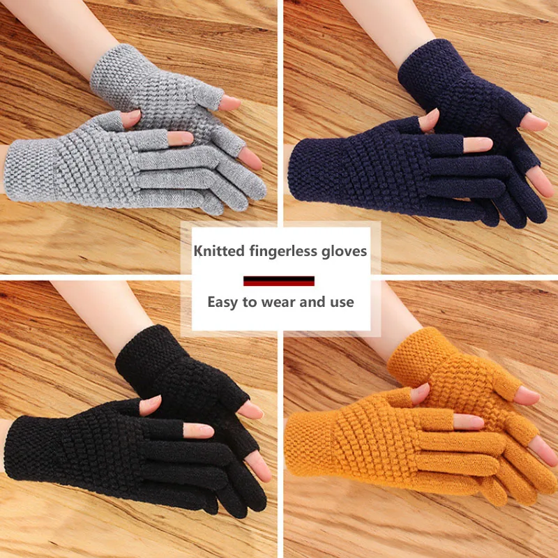 winter mens gloves female warmth office thick knitted wool two finger exposed writing games playing phone fingerless gloves free global shipping