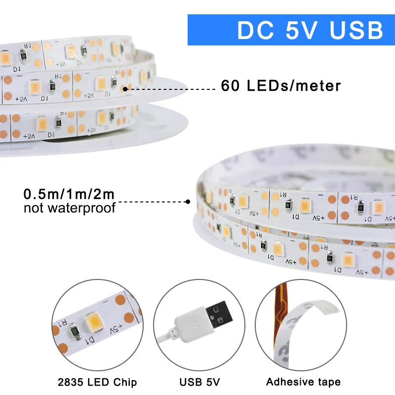 Светодиодный светильник светодиодный Strip1m 2m 3m 4m 5m полный спектр USB 5V Чип SMD 2835 Фито