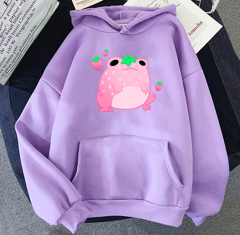 

Kawaii Frog Print Hooded Sweatshirt Woman Y2K Long Sleeve Slim Hoodie Sweatshirt With Large Front Pocket Korean Women Pullover