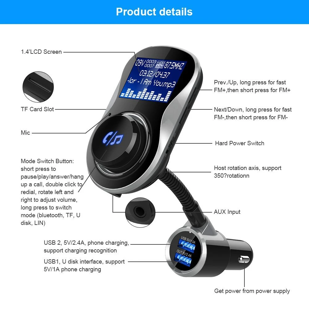 Bluetooth Handsfree Aux Car Kit FM Transmitter Wireless Radio Adapter with Dual USB Ports and 1.4 inch Display Screen | Электроника