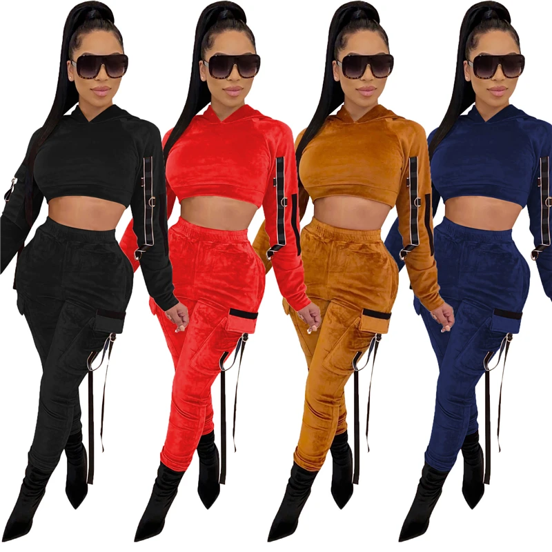 

Velvet Two Piece Set Winter Outfits Women Costume Sweatsuit Hoodies Tops+Pencil Pant Sweat Suit Ribbons Sportswear Outwear