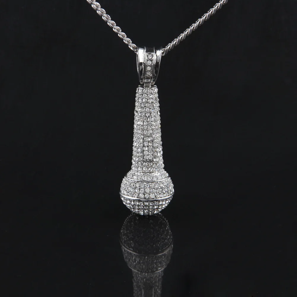 

Hip Hop Ice Out Chain Necklace Microphone Pendant Men/Women Stainless Steel Gold Color Rhinestone Best Friend Jewelry