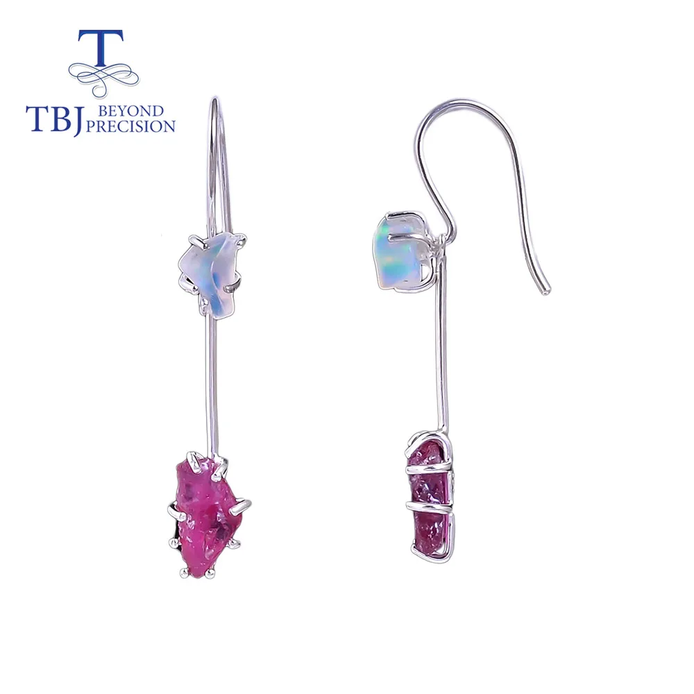 

TBJ,Long hook earring 7.2ct gemstone unique Rough design natural Ethiopia opal ruby fine handmae jewelry 925 sterling silver